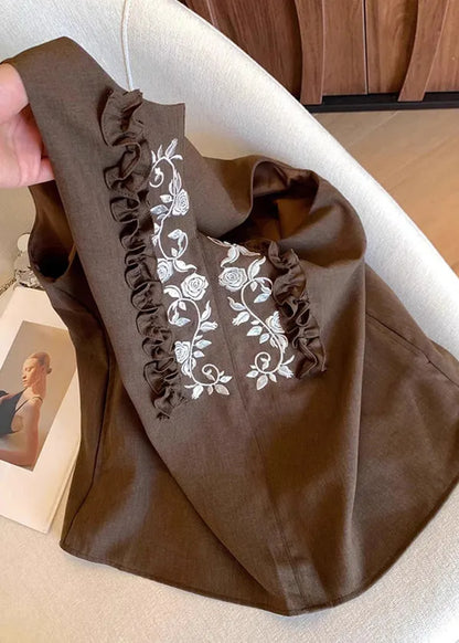 Chocolate Embroideried Ruffled Linen Vests Summer