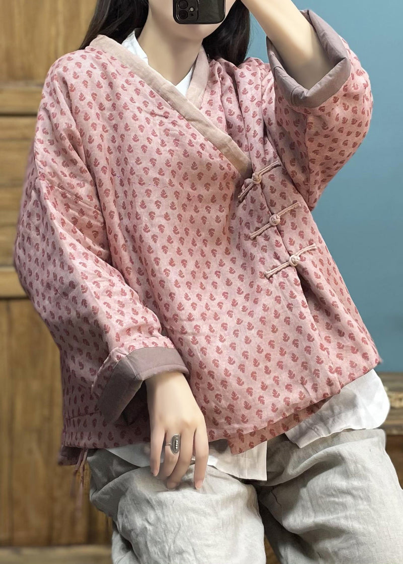 Pink Print Button Pockets Cotton Filled Coat Winter
