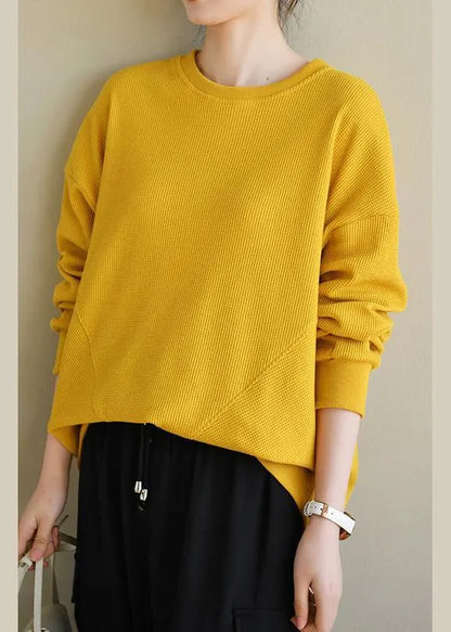 Art Yellow Cotton O Neck Long Sleeve Loose Sweatshirt