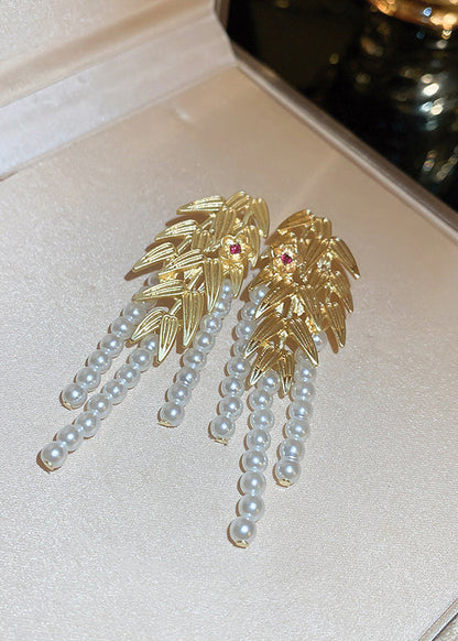 Gold Overgild Butterfly Pearl Leaf Tassel Drop Earrings