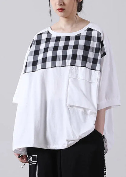 White Patchwork Cotton Shirt Top O-neck Asymmetrical Short Sleeve