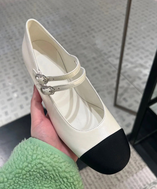 Beige Cowhide Leather Flat Feet Shoes Splicing Buckle Strap