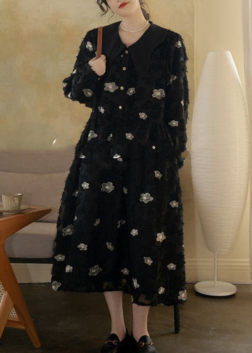 Black Peter Pan Collar Embroideried Cotton Long Dress Spring