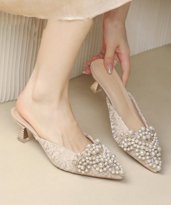 Splicing High Heel Blue Slide Sandals Nail Bead Pointed Toe