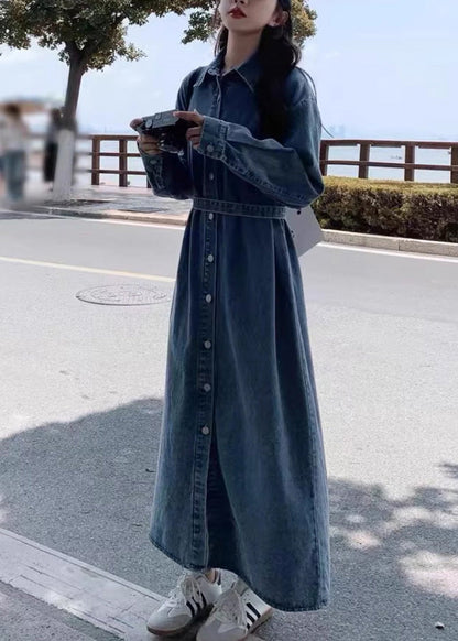 Denim Blue Peter Pan Collar Patchwork Button Long Dress Fall