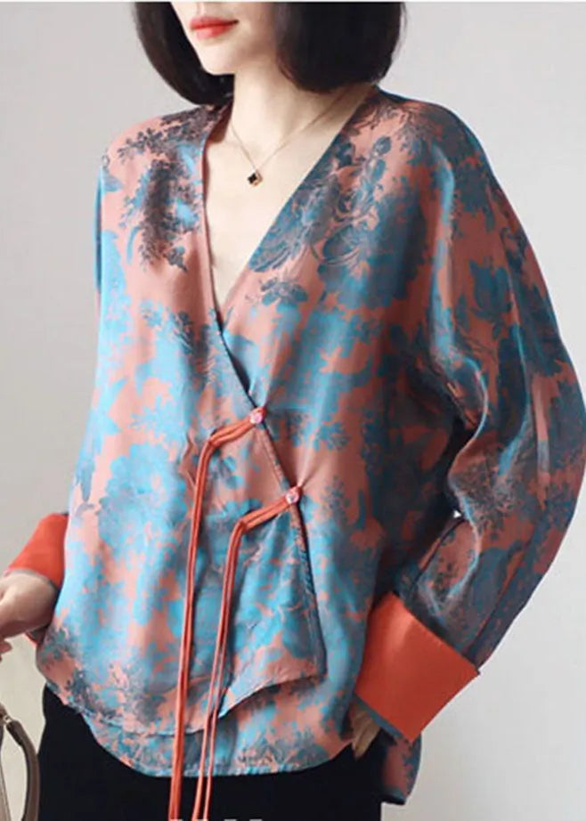 Loose Orange Buttonv Neck Print Silk Shirt Top Long Sleeve