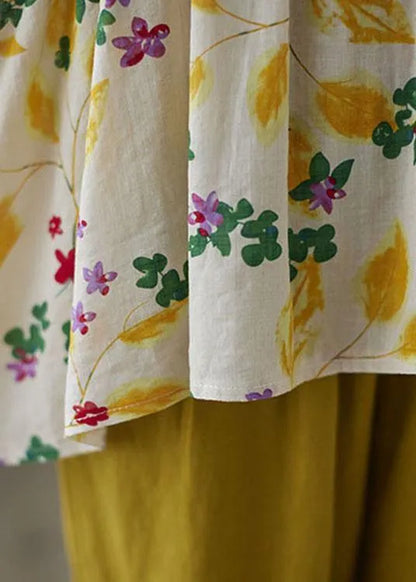 Yellow Ruffles Print Batwing Sleeve Cotton Linen Top