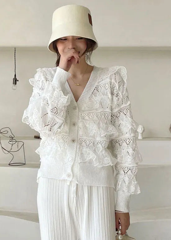 White V Neck Hollow Out Ruffled Blouses Spring