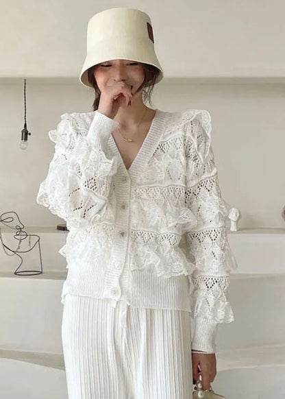 White V Neck Hollow Out Ruffled Blouses Spring