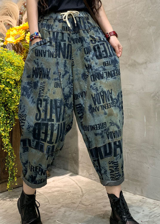 Blue Cinched Graphic Denim Pants Spring