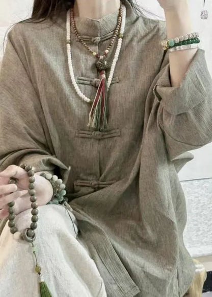 Loose O Neck Chinese Button Linen Shirt Tops Spring