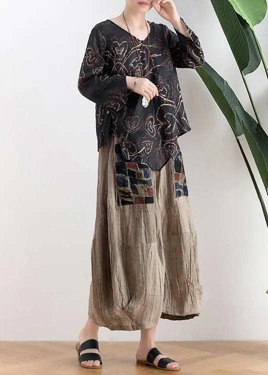 Black Print Asymmetrical Designlinen Summer Tops