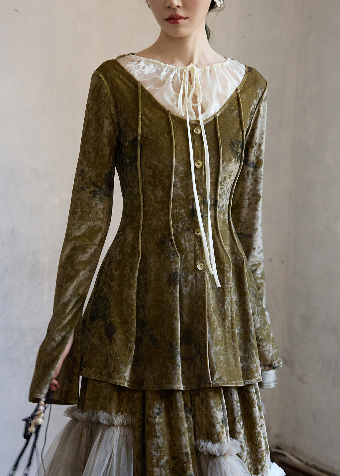 Art Green Lace Up Button Patchwork Silk Velour Top Spring