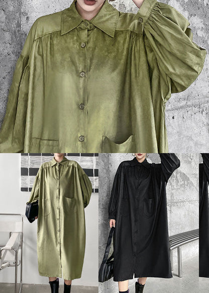 Green Peter Pan Collar Patchwork Cotton Shirt Dress Spring
