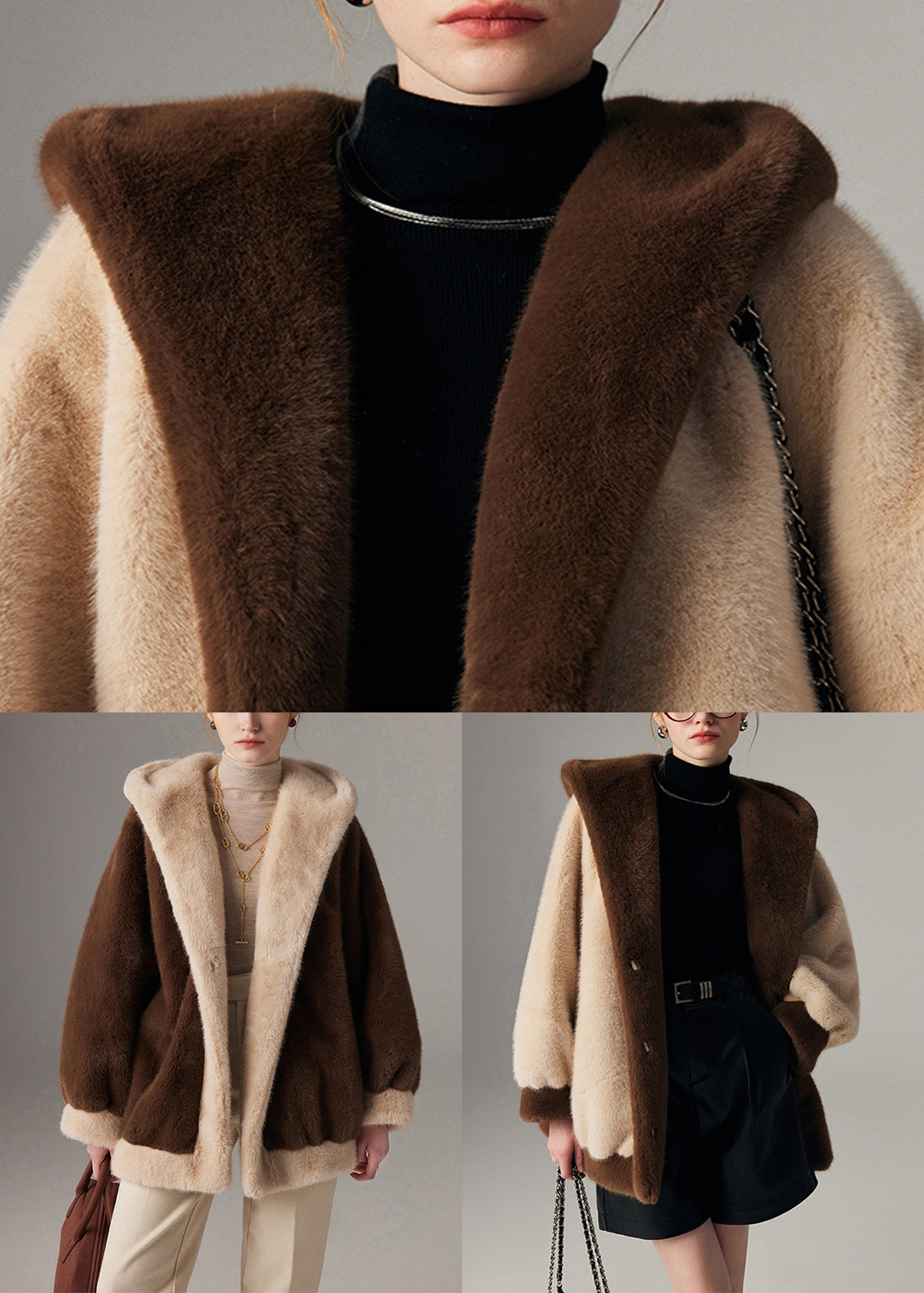 Coffee Pockets Patchwork Mink Hair Winter Coat Hooded