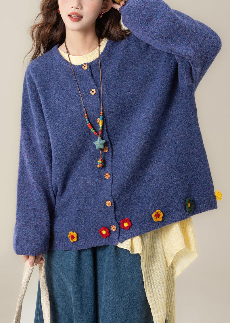 Art Blue O Neck Button Knit Coat Spring