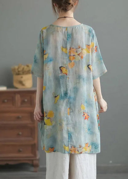 Blue O-neck Print Low High Design Linen Shirts Half Sleeve