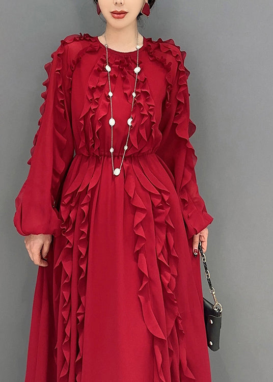 Red Slim Fit Chiffon Long Dresses O-neck Ruffles Spring