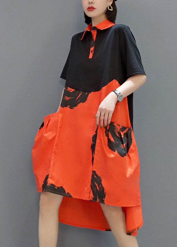 Stylish Black Orange Button Peter Pan Collar Shirt Dresses Spring