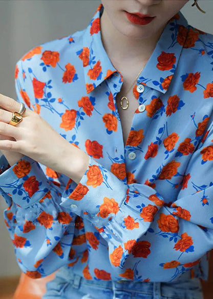Blue Peter Pan Collar Button Print Chiffon Blouses Puff Sleeve
