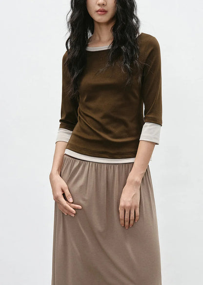 Coffee Patchwork Cotton T Shirt O Neck Bracelet Sleeve