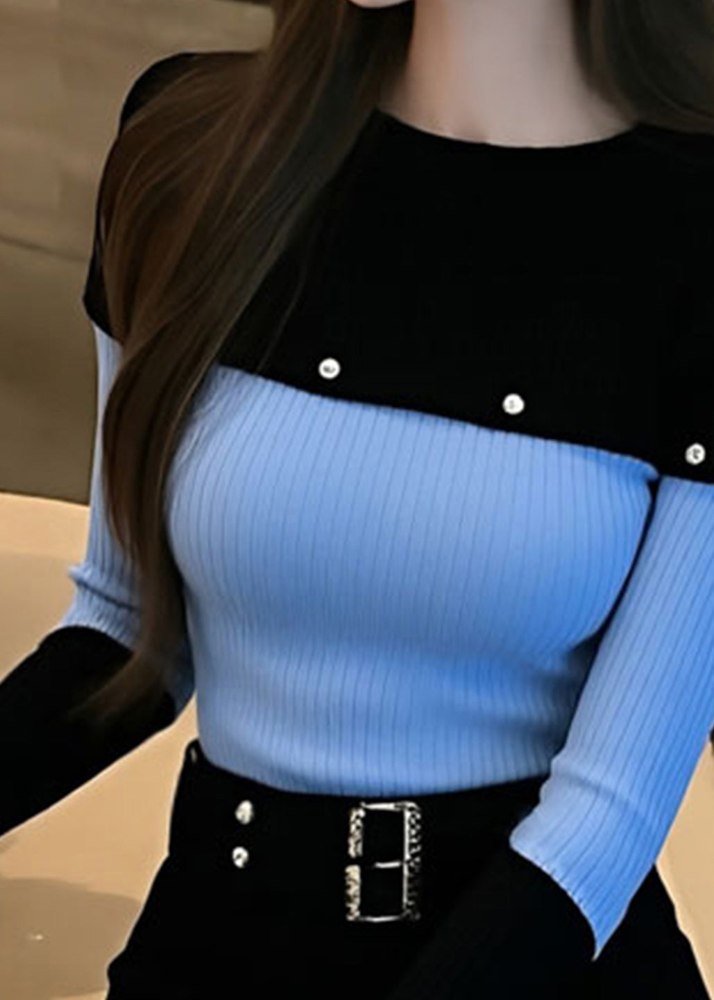 Slim Fit Blue O-neck Patchwork Knit Sweater Spring