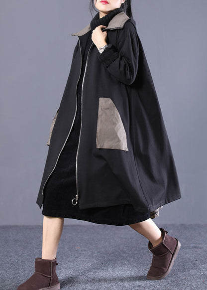 Black Hooded Patchwork Cotton Coat Spring