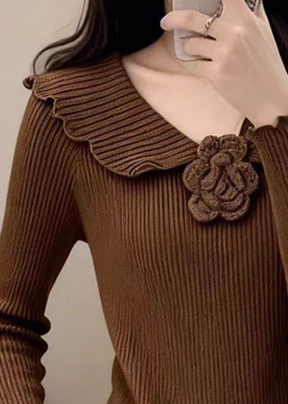 Coffee Peter Pan Collar Cotton Knit Sweater Spring