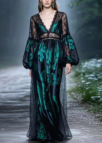 Black Lace Patchwork Silk Long Dresses Spring