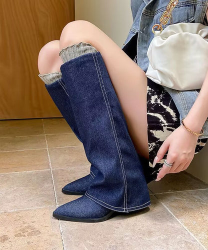 European and American Style Navy Denim Fabric Splicing Boots
