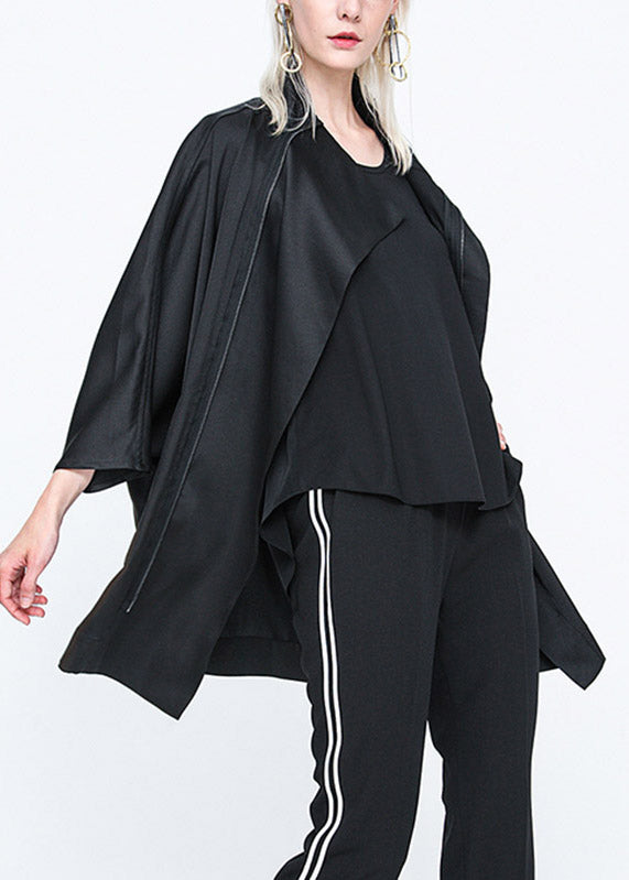 Black Stand Collar Zippered Batwing Trench Coats Long Sleeve