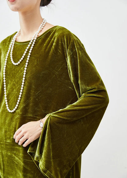 Dull Green Oversized Side Open Silk Velour Two Pieces Set Fall