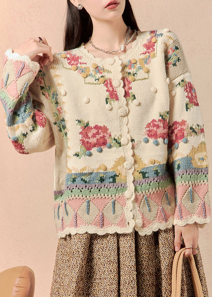 Beige Button Patchwork Knit Coats Winter