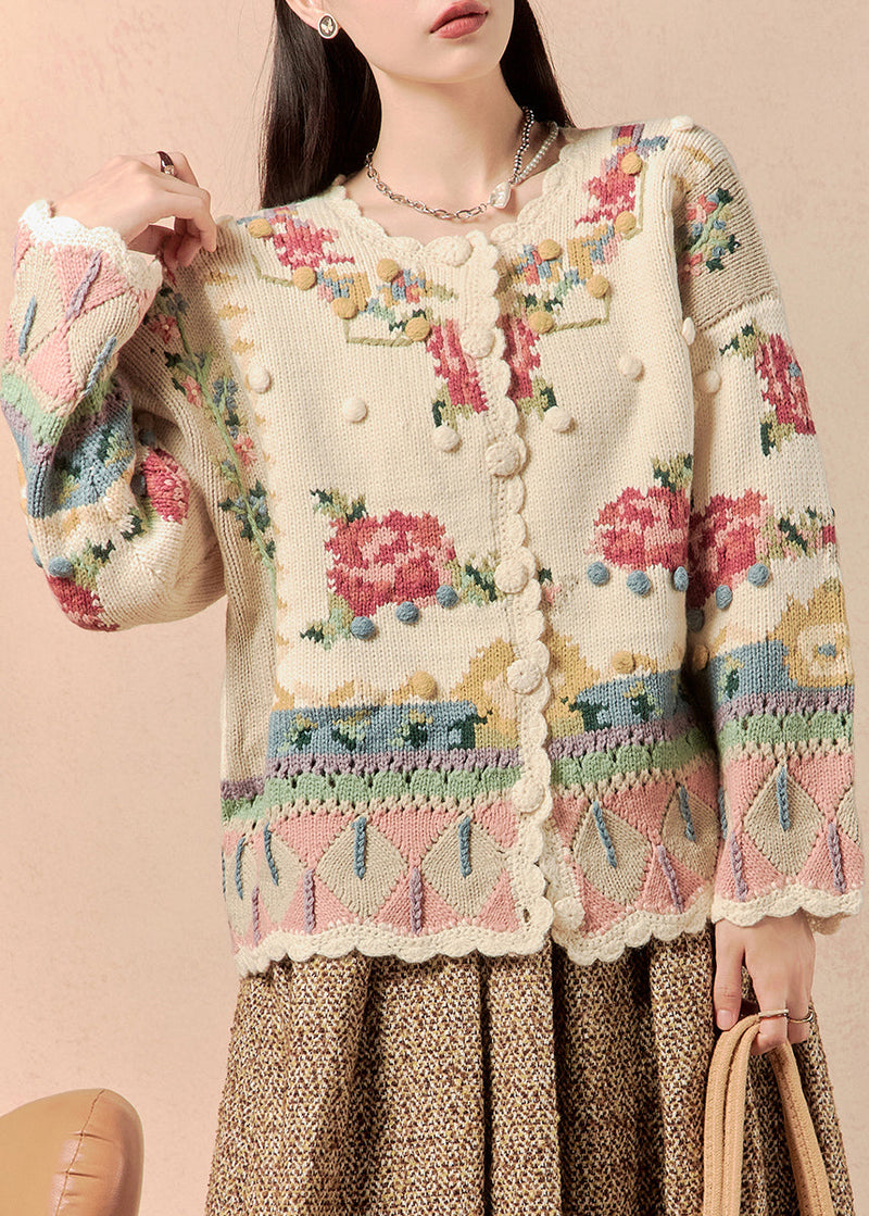 Beige Button Patchwork Knit Coats Winter