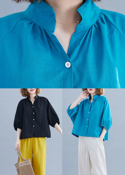 Blue Color Cotton Loose Blouses Stand Collar Lantern Sleeve
