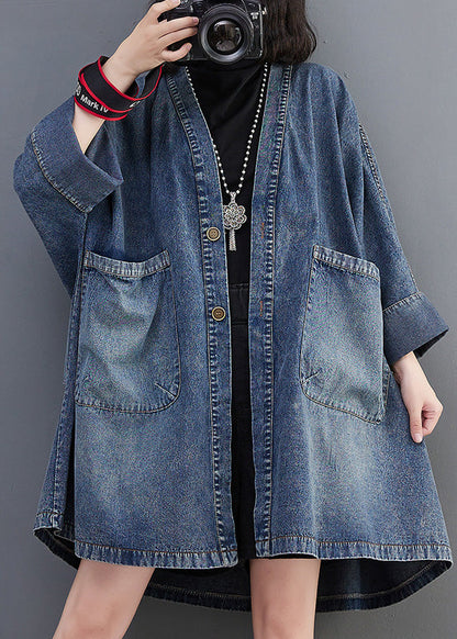 Blue V Neck Patchwork Button Trench Coats Spring