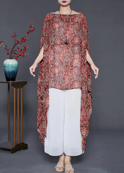 Khaki Asymmetrical Print Silk Long Smock Summer