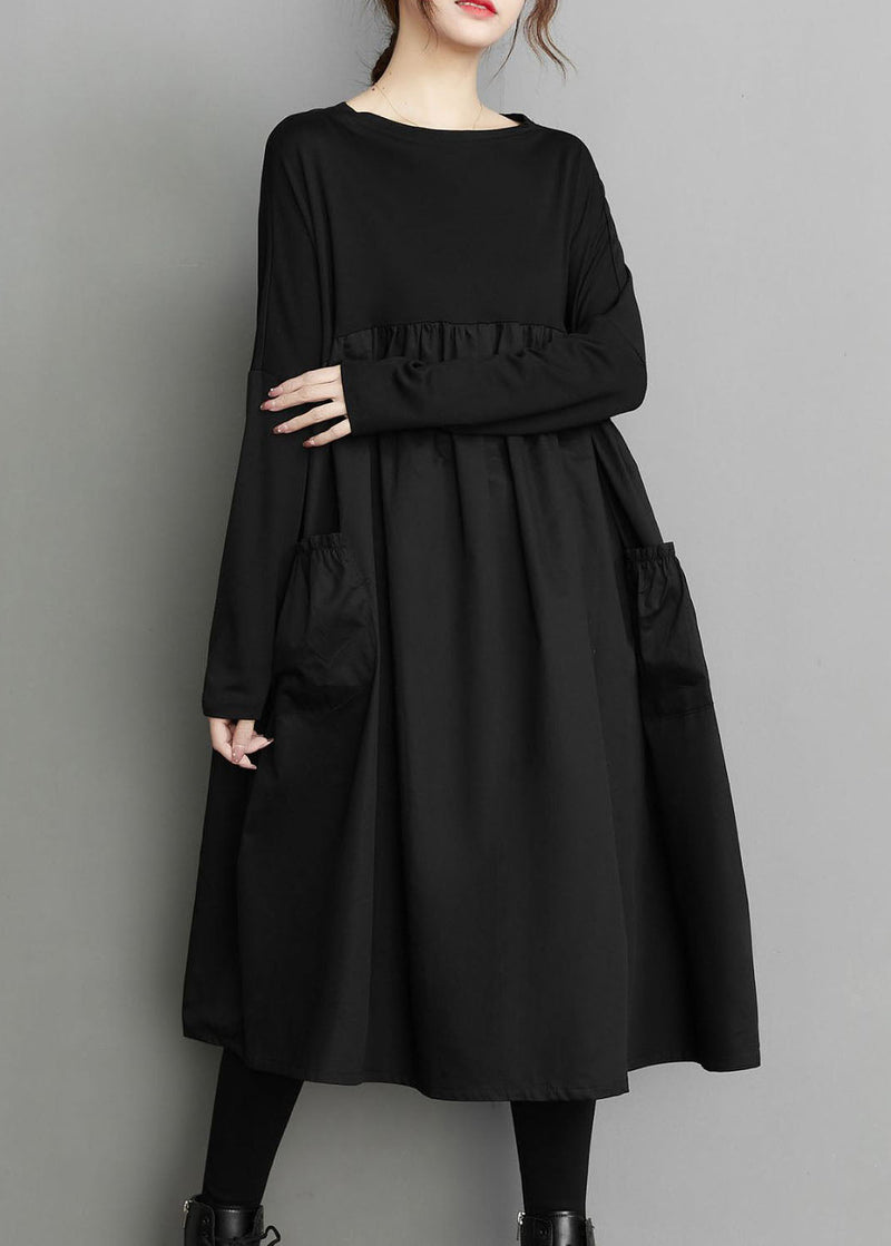 Organic Black Patchwork Wrinkled Pockets Cotton Dresses Spring