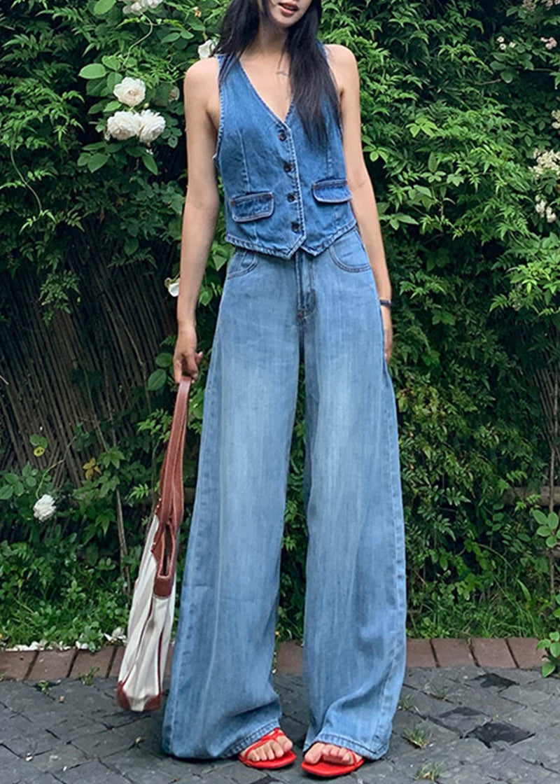 Blue High Waist Draping Denim Straight Pants Fall