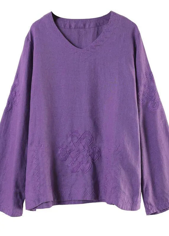 Art V Neck Embroidery Spring Purple Blouse