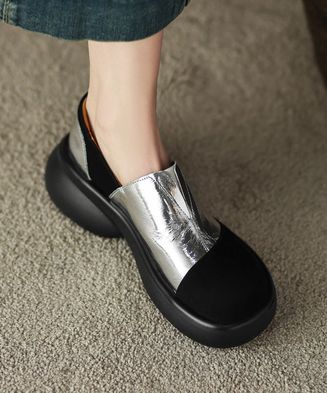 Splicing Platform Flat Shoes for Silver Faux Leather