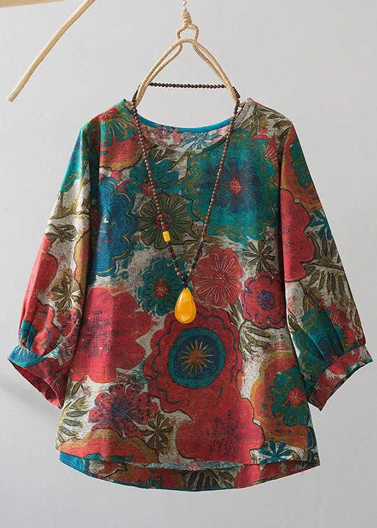 Blue O-neck Oversized Print Linen Blouses Bracelet Sleeve
