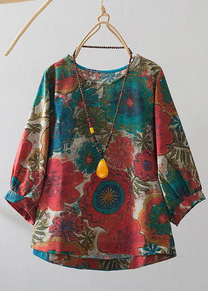 Blue O-neck Oversized Print Linen Blouses Bracelet Sleeve