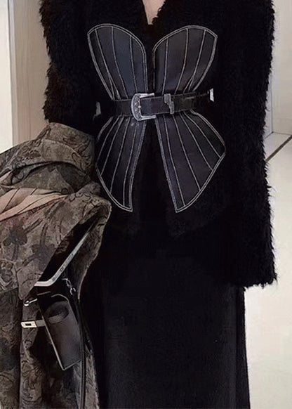 French Black V Neck Tie Waist Patchwork Leather and Fur Coats Spring