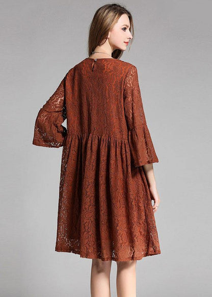 Chocolate Hollow Out Embroideried Patchwork Spring Three Quarter Sleeve Spring Dresses