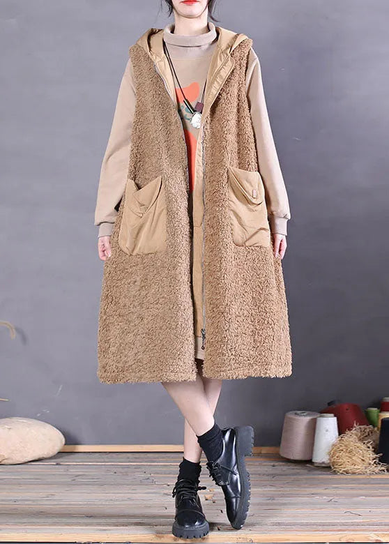 Modern Khaki Hooded Pockets Faux Fur Tank Tops Sleeveless