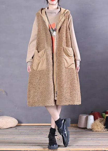 Modern Khaki Hooded Pockets Faux Fur Tank Tops Sleeveless
