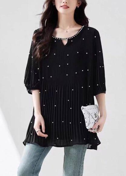 Modern Black O-neck Nail Bead Silk Top Half Sleeve
