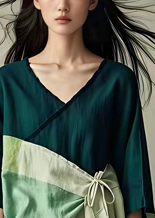 Original Colorblock V Neck Patchwork Cotton Tops Bracelet Sleeve