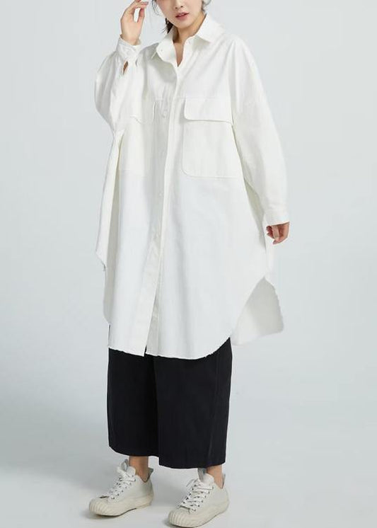 Natural White Cotton Clothes Big Pockets Shift Shirt Dress
